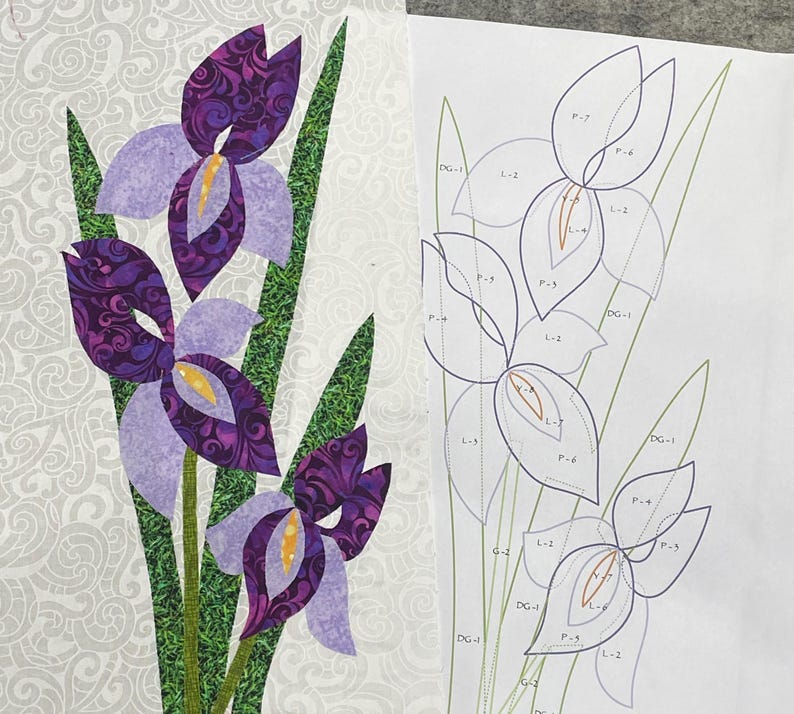 May include: A fabric art piece featuring three iris flowers in shades of purple, lavender, and yellow, with green stems and leaves. The flowers have patterned petals. Next to it is a line drawing of the same flowers, with labels.