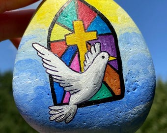 Hand Painted Holy Spirit Stone - Baptism & Christening Gift - Prayer Stone - Christian Christmas Stone - Faith and Hope Ornament