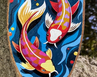 Hand Painted Koi Carp Wood Slice – Rustic Farmhouse Wall Art - Acrylic Painting on Natural Wood – Nature & Pond Inspired Art