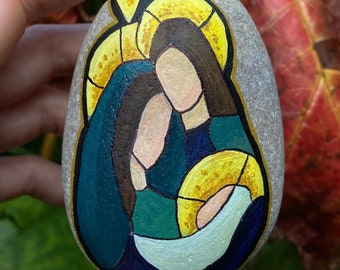 Hand Painted Nativity Stone - Baptism & Christening Gift - Prayer Stone - Montessori Style - Christian Christmas Stone - Faith Ornament