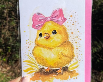 Cute Easter Chick Card A6 - Baby Chick with Pink Bow - Spring Greeting Card - Nursery Style Watercolour Art - Printed from Original Painting