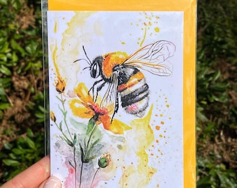 Bee Watercolour Card A6 - Floral Art Print Greeting Card - Nature Illustration - Blank Card - Printed from Original Painting