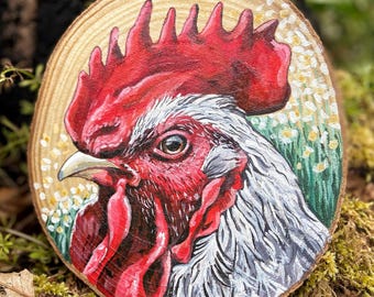 Hand Painted Rooster - Large Wood Slice Wall Art - Rustic Farmhouse Decor - Acrylic Painting on Natural Wood - Cockerel Painting