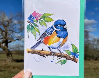 Blue Tit Bird Watercolour Card A6 - Garden Bird Greeting Card - Nature Art Print - Wildlife Illustration - Printed from Original Painting