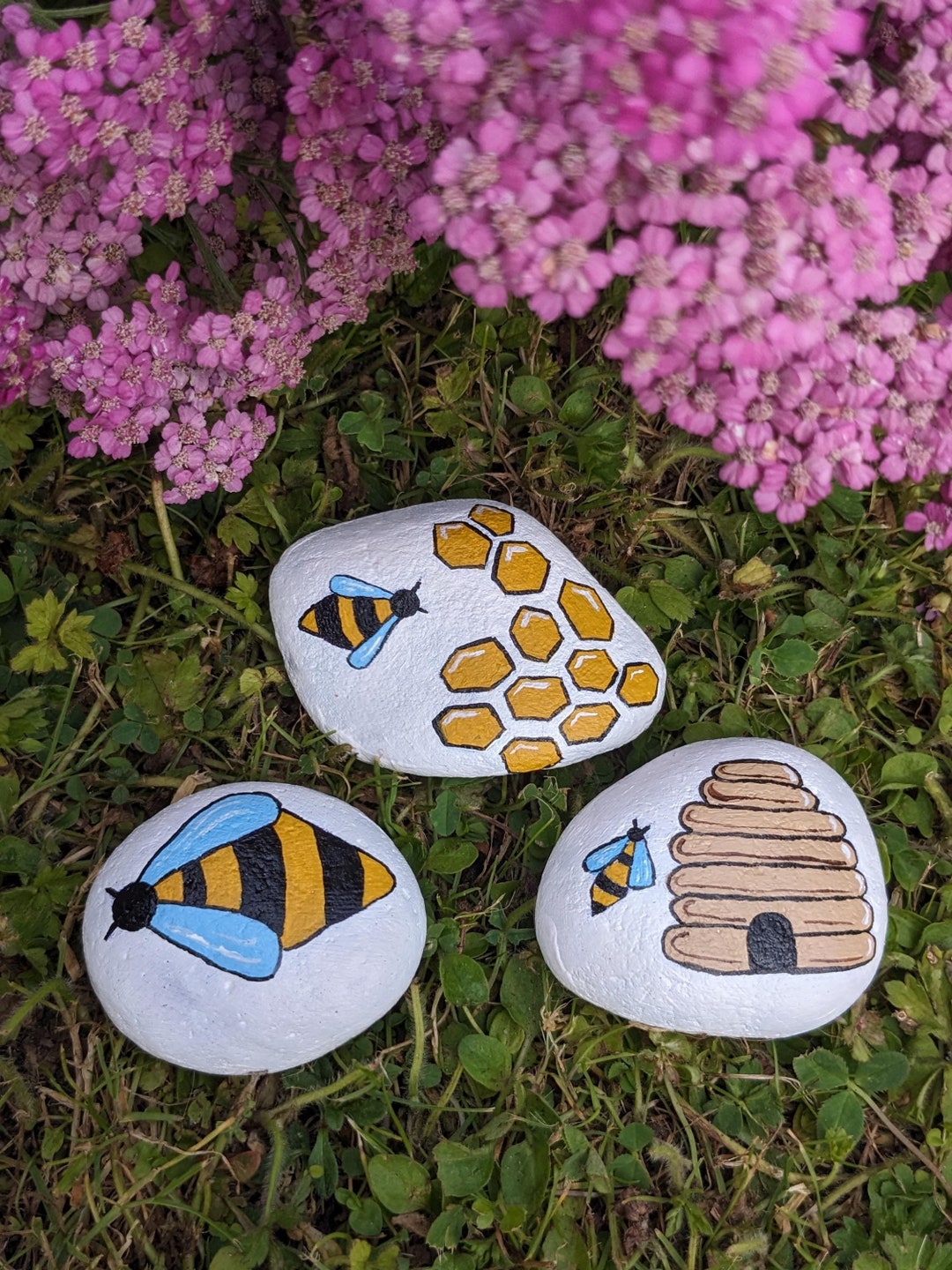 Hand Painted Bee Stone Set - Mini Rock Art - Nature Inspired Garden ... - Nature Inspired Outdoor Decor