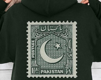 Sudadera con capucha con estampado de sello postal de Pakistán: Ropa unisex que representa el orgullo pakistaní.