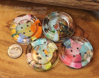 Bright Spring Multicolored Large Button Set, Set of Four Buttons, Unusual Buttons, Handmade Buttons, Recycled Paint, Artskrap, Sewing,