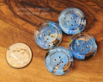 Blue Set of 4 Small Buttons,  Made from Recycled Paint, Artskrap, Unusual Buttons, Handmade Buttons, Sewing Supply, Knitting, Weaving Supply
