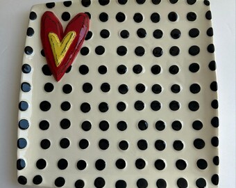 Neu! Tracy Pesche Heartful Home Steinzeug Servierplatte für Demdaco Black Polka Dot