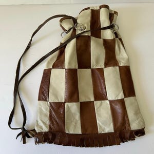 Vintage Leather Patchwork Purse 1970 Era Mod Boho Drawstring Lined Fringe Spain