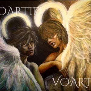 Puede incluir: Pintura de dos ángeles con alas. Un ángel tiene alas blancas y el otro tiene alas verdes. El ángel con alas blancas está a la derecha de la imagen y está mirando hacia abajo. El ángel con alas verdes está a la izquierda de la imagen y está mirando al espectador. La pintura está firmada "VOARTID" en la esquina inferior derecha.