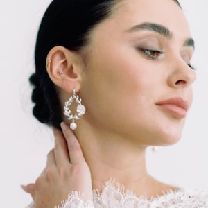 Earrings Dangle Bridal floral Earrings Boho pearl earrings Bridal Earrings Hoop Studs