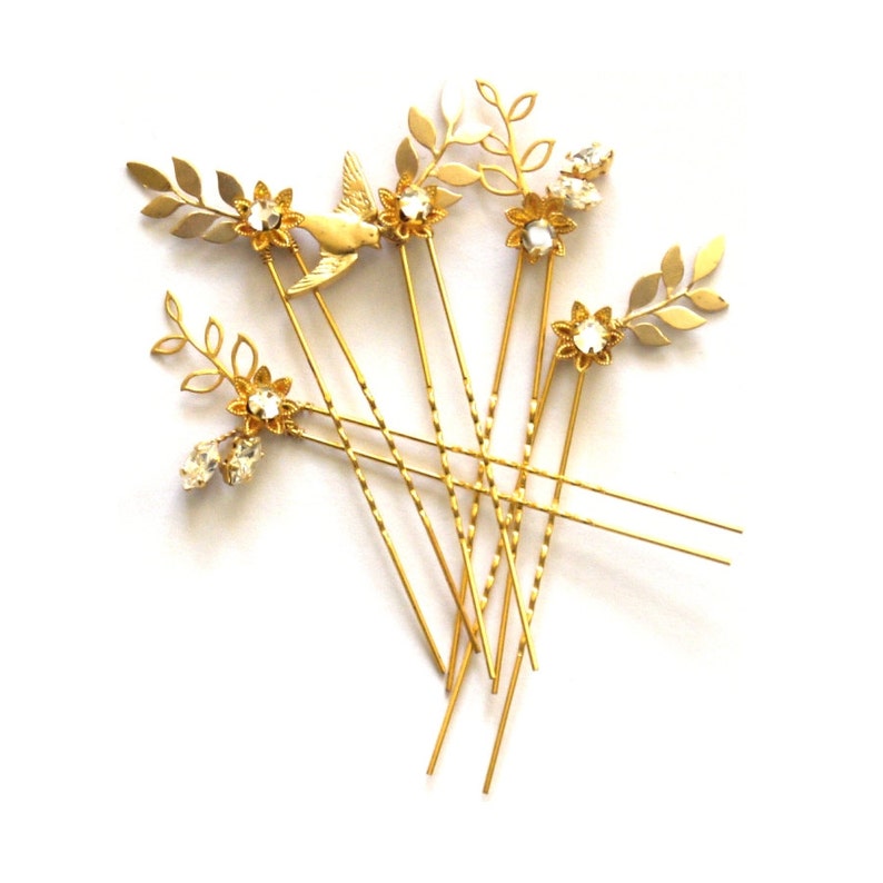 Bridal Hair Pins Diamante floral bird Dawn Chorus Gold