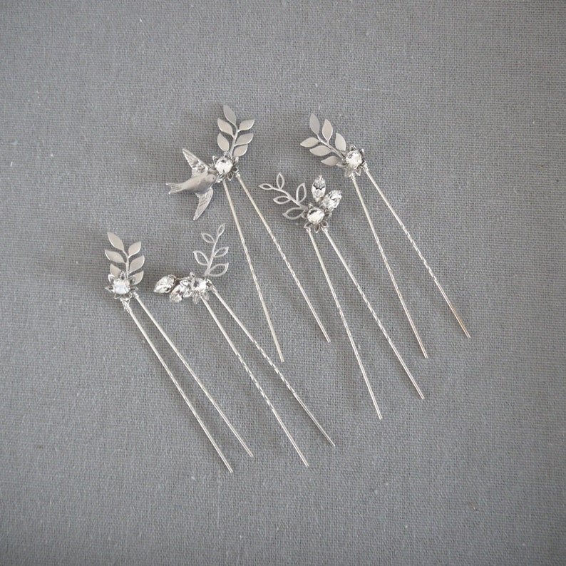 Bridal Hair Pins Diamante floral bird Dawn Chorus Silver