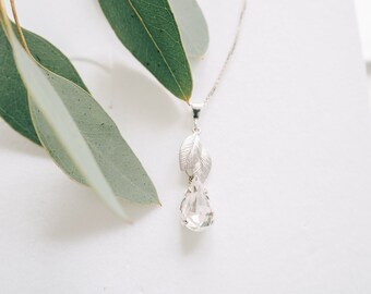 Bridal Pendant Necklace Crystal Leaf Silver Gold