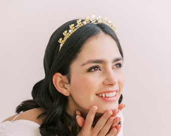 Tiara de boda de perla de hoja de estilo eduardiano, tocado de novia, corona de boda floral, corona nupcial, tiara de boda para novia