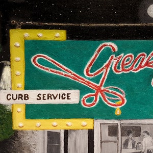 May include: An oil painting depicts a nighttime diner scene. A green sign with the word "Greasy" in red neon is lit up, with a "Curb Service" sign below. The scene includes a building, streetlights, and a starry sky.