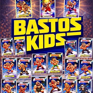 Op de afbeelding: Een verzameling "BASTOS KIDS" ruilkaarten. De kaarten tonen cartoon worstelaars met namen als "Flex Lex" en "Stone Cold Sedsy". De titel "Chase cards" staat bovenaan, met "BASTOS KIDS" in grote gele letters.