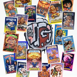 May include: A collection of "Bastos Kids" trading cards featuring cartoon caricatures. The cards display various characters and themes, including pop culture references and humorous illustrations. The cards are arranged on a white background.