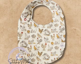 Handmade Baby Bib | Soft and Absorbent Feeding & Drool Bib | Reusable Baby Bib | Chicken Farmhouse Pattern | NB-3months