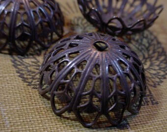 2pc Large Brass Filigree Bead Caps 20mm 22mm Open Work Hand Oxidized Dark Antique Bronze Brown Black Natural Patina Jewelry Findings 14f