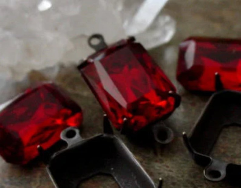 Vintage Siam Ruby Connectors 14X10 mm Octagon Faceted Cut Czech Glass Red Rhinestones Oxidized Brown Black Patina Brass Setting Lot 5I/12B image 1