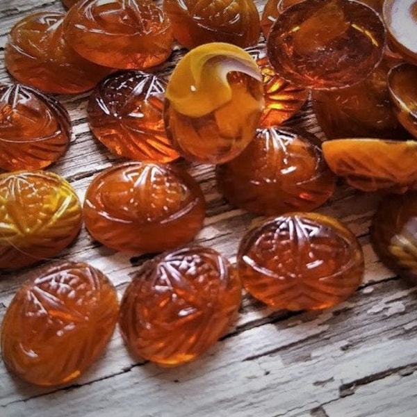 40pc Vintage 10x8 mm Amber Scarabs Plastic Stones Cabochons Oval Egyptian Pharaoh Beetle Opaque Butterscotch Translucent Baltic Mixed Lot W2