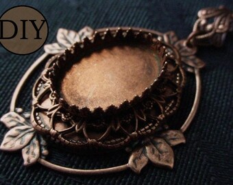 DIY KIT 18/13 Oval Bezel Filigree Leaf Setting 13/18 Cameo Cabochon Antique Copper Brass Vintage Fleur De Lis Prong Bezel Finding 13N