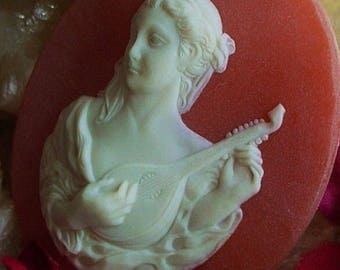 Lot Huge Vintage High Relief Cameo Lute Mandolin Carnelian Egg Shell Molded Resin Renaissance Victorian Jewelry Embellishment Arts Craft W4