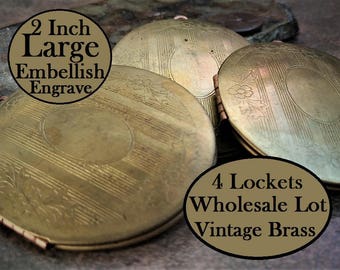 4pc Vintage 50mm Solid Brass Locket Wholesale Copper Steel Frame Large Pendant Engrave Art Deco Design Flower Leaf Blank Oval Disk Bulk W6