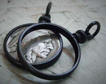 1 | 3 OLD Vintage Solid Brass Round Bezel Setting Screw Top Coin Holder Pendant Jewelry Dark Black Hand Aged Buffalo Indian Head Nickel N5