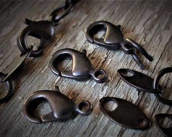 3 Sets Vintage Solid Brass Quality 12 mm Lobster Claw Clasp + Old Chain Tab Hand Oxidized Dark Bronze Brown Black Patina Jewelry Finding 12R