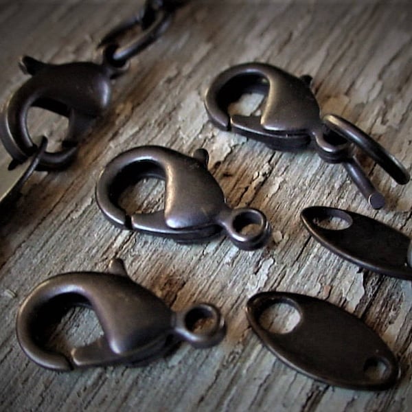 3 Sets Vintage Solid Brass Quality 12 mm Lobster Claw Clasp + Old Chain Tab Hand Oxidized Dark Bronze Brown Black Patina Jewelry Finding 12R