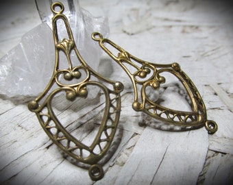 3pc Vintage Brass Filigree Chandelier Earrings Drops Connectors Lace Stone Wrap Heart Fleur De Lis Art Nouveau Suffragette Victorian Stl  2H