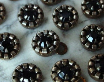 15pc Vintage Swarovski Crystal Jet Black Rhinestone Bare Raw Brass Charm Drop 1 Ring 6mm Round Crown Bezel Set 24pp Chaton Stone Patina 1T