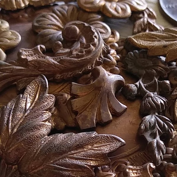 20+pc Lot Genuine Antique Old Victorian Cast Die Stuck Stamping Ornate Flowers Leaves Art Craft Hardware Vintage Raw Bare Brass Patina N4