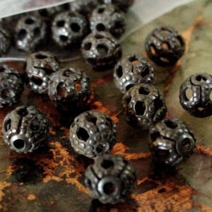 6pc Quality 4mm Vintage Brass Filigree Bead Oxidized Antique Bronze Brown Noir Black Matte Patina Goth Victorian Orb Finding Open Work 1c