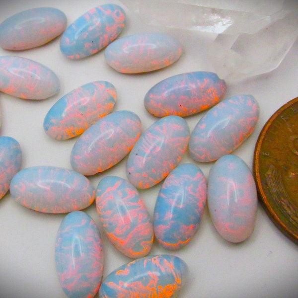 Lot Vintage Pinfire Pin Fire Opals 10mm x 5mm 10x5 mm Oval Art Glass Cab Cabochons Old Gold Foil Flat Back Imitation Semi Precious Stones W1