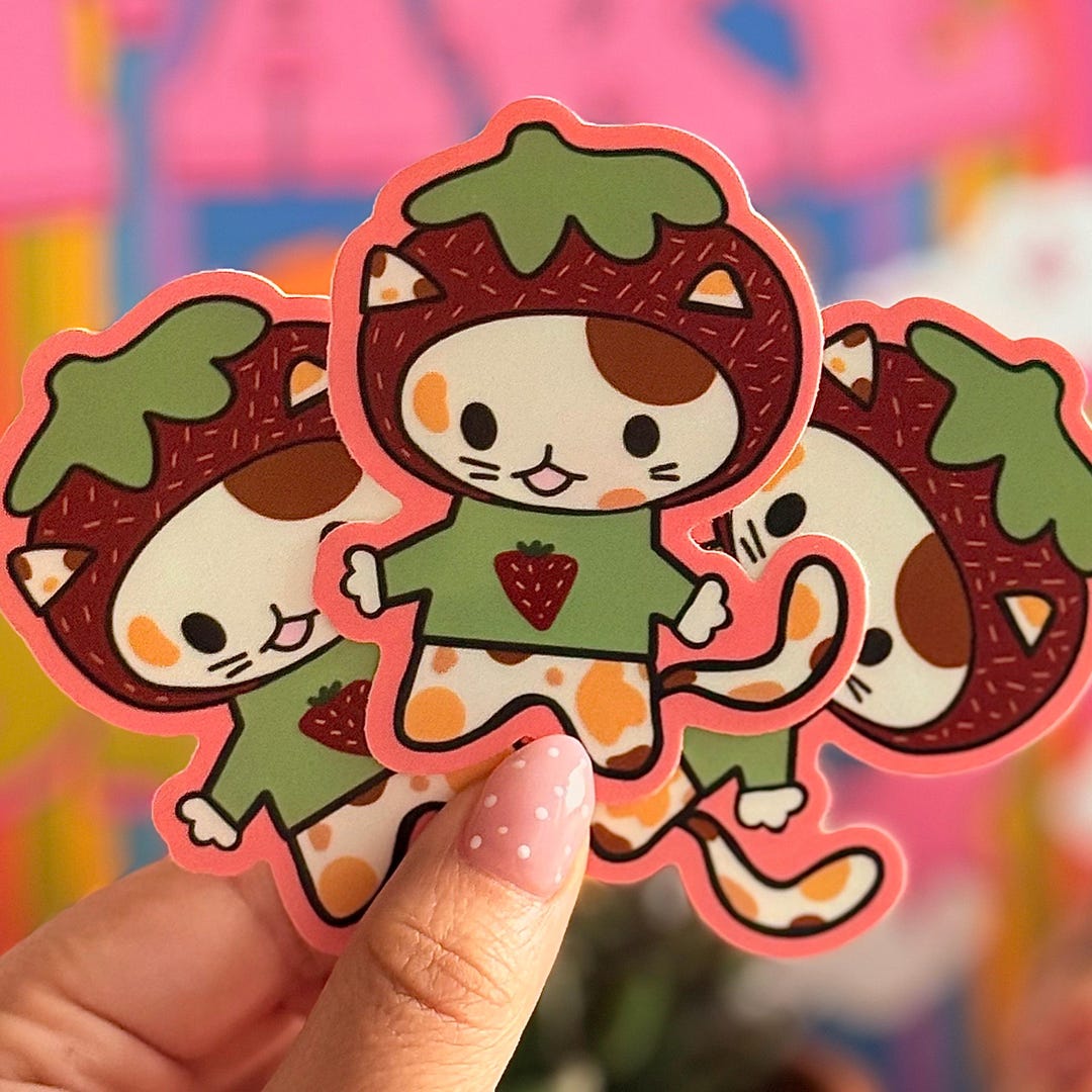 Strawberry Cat Vinyl Sticker | Waterproof Chibi Art - Etsy