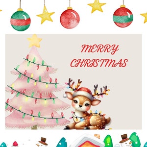 Biglietto di auguri di Natale, bellissimo biglietto di auguri di Natale stampabile con gazzella, biglietto di auguri di Natale stampabile con agrifoglio, biglietto elettronico, modello di cartolina