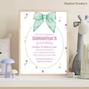 Grüne Schleife-Baby-Mädchen-erster Geburtstag,Koquette 1st Bday Einladung,Fancy Bogen-Geburtstags-Evite,Band-Einladung,Bow-Blumeneinladungen,Rosa Schleife