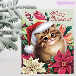 Biglietto di auguri con gattino, Buon Natale, Saluto, 300 DPI, Modificabile, Bellissimo biglietto stampabile raffigurante un simpatico gatto, Natale miagolante, Biglietto di auguri con gatto