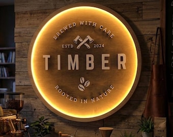Custom Wood Coffee Shop Sign with LED Halo Backlight, 3D Round Wooden Business Logo Sign, Round Wood Wall Decor for Cafe, Illuminated Sign