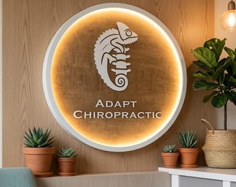 Custom Chiropractic LED Sign, Adapt Chiropractic Wood Logo, Medical Office Wall Decor 3D Chameleon Spine Signage, Backlit Therapy Room Decor
