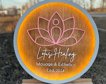 Custom 3D Wood Business Logo Sign | Backlit LED Massage Therapist Wall Decor | Battery Powered Wooden Signage | Illuminated Salon Logo