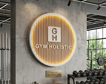 Custom Gym Wood Sign with LED Light, 3D Commercial Logo Signboard, Personalised Fitness Studio Wall Decor, Wooden Business Backlit Sign