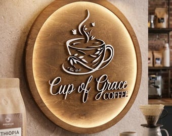 Custom Wooden Coffee Shop Sign with LED Light, Round Cafe Wall Art Decor, Personalized Cup of Grace Sign, Barista Gift, Coffee Station Decor