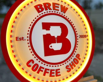 Dein persönliches Holzlogo | Personalisiertes LED-Schild für Ihr Unternehmen | Benutzerdefiniertes rundes Leuchtschild | Coffee Shop Schild | Holzschild