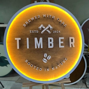 Wooden Logo Company Iluminated Custom Round Wooden Sign Cafe Sign Custom Logo Personalized Sign Wood Wall Art Handmade Business Logo Sign