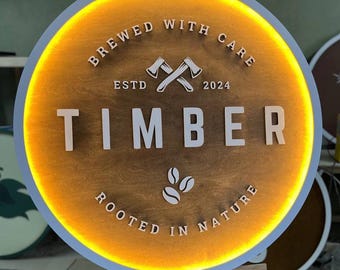 Wooden Logo Company Iluminated Custom Round Wooden Sign Cafe Sign Custom Logo Personalized Sign Wood Wall Art Handmade Business Logo Sign